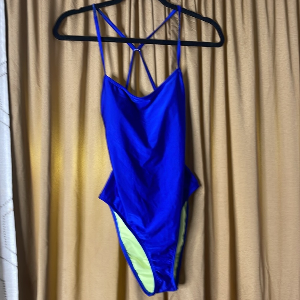 Women’s S Blue/Neon Green 1pc Bathing suit Non Adjustable Spaghetti Straps